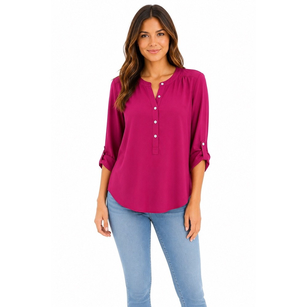 LOFT Womens Berry Pink Henley Utility Blouse Roll‎ Tab Long Sleeve Size M